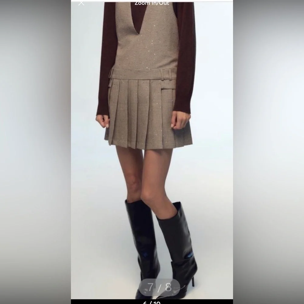 Zara Brown Plaid Pleated Pinafore Mini Skirt Dress - Picture 4 of 5